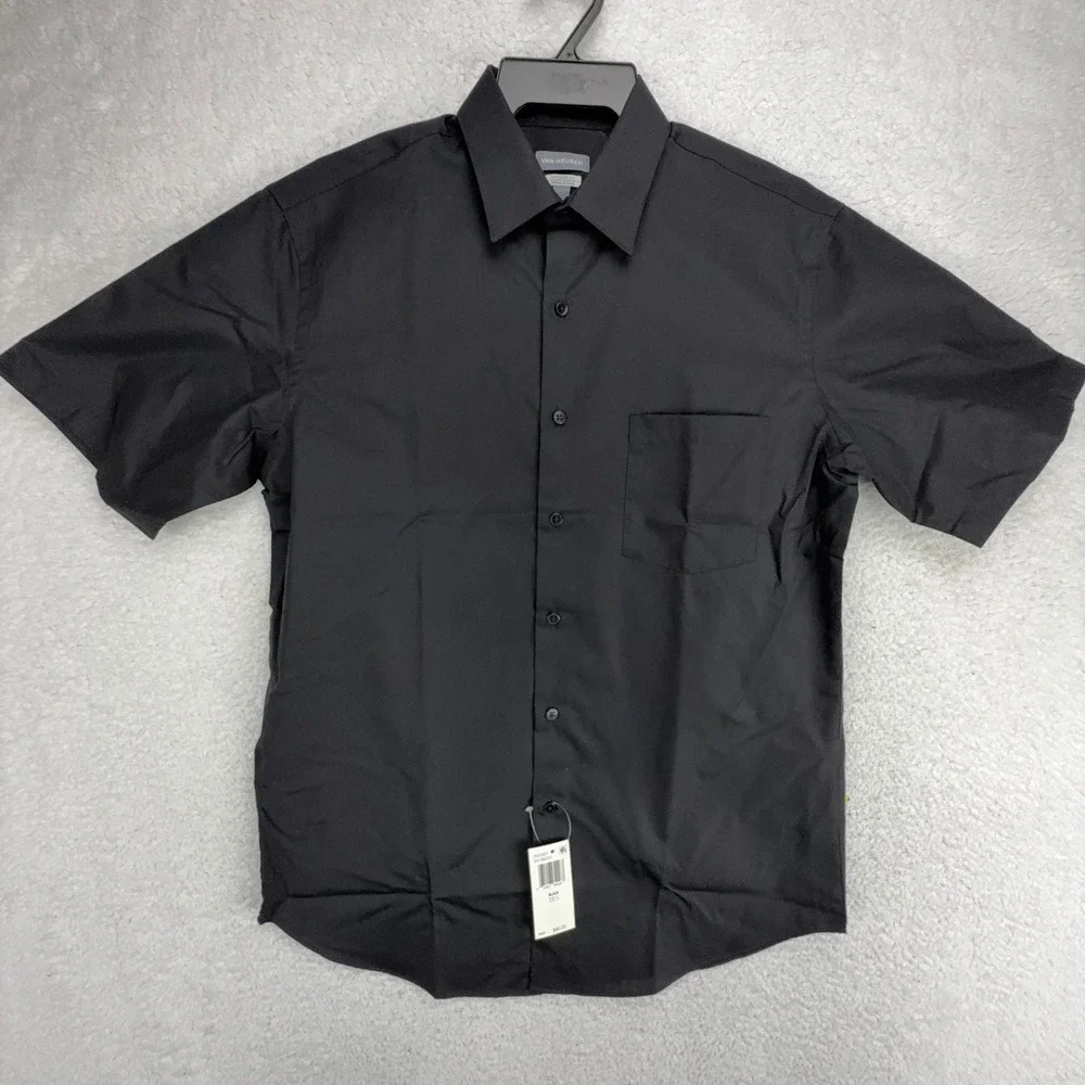 Van Heusen Men Regular Fit Wrinkle Free Short Sleeve Button Shirt Black 15.5